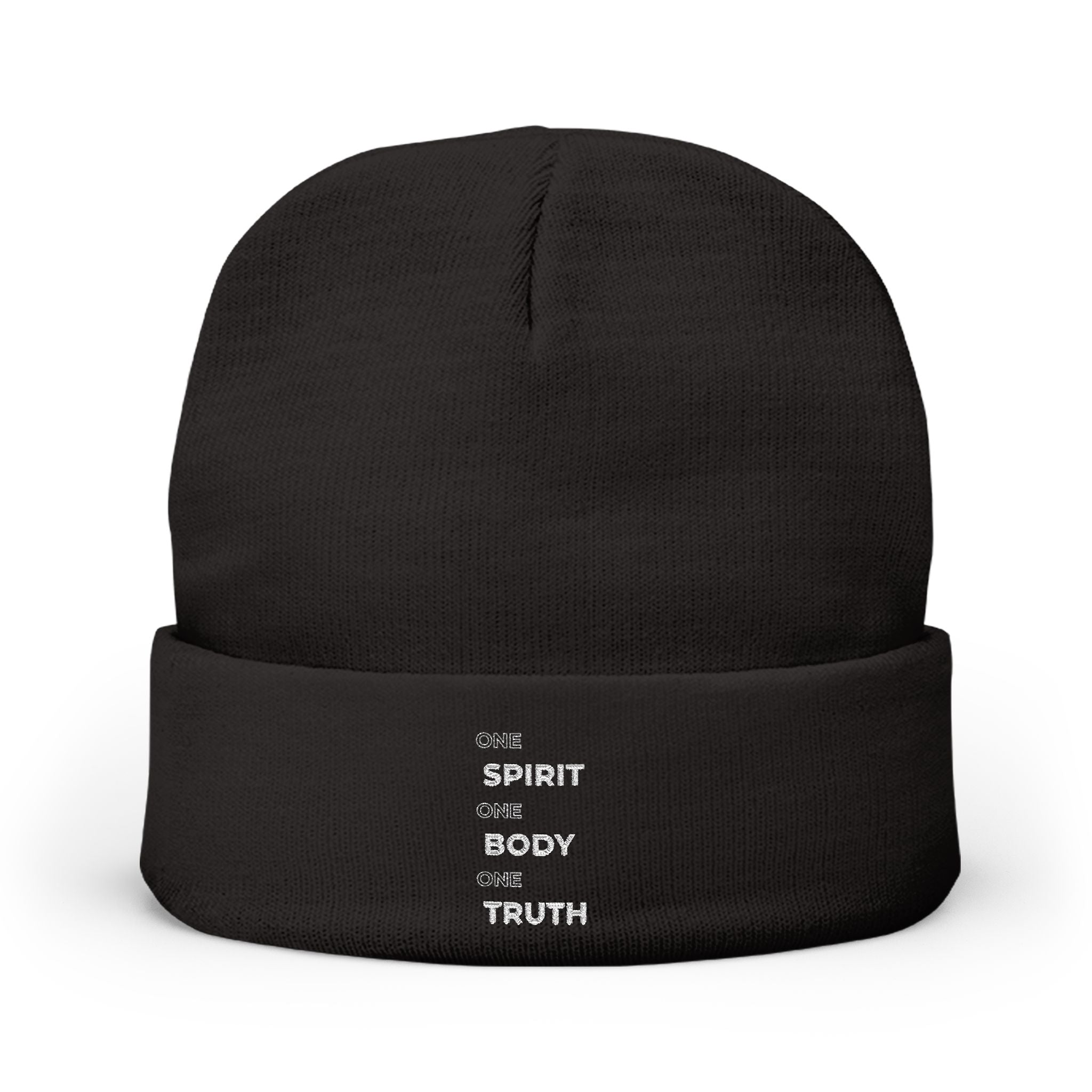 Embroidered 'Spirit Body Truth' Knit Beanie — Minimal Spiritual Winter Hat
