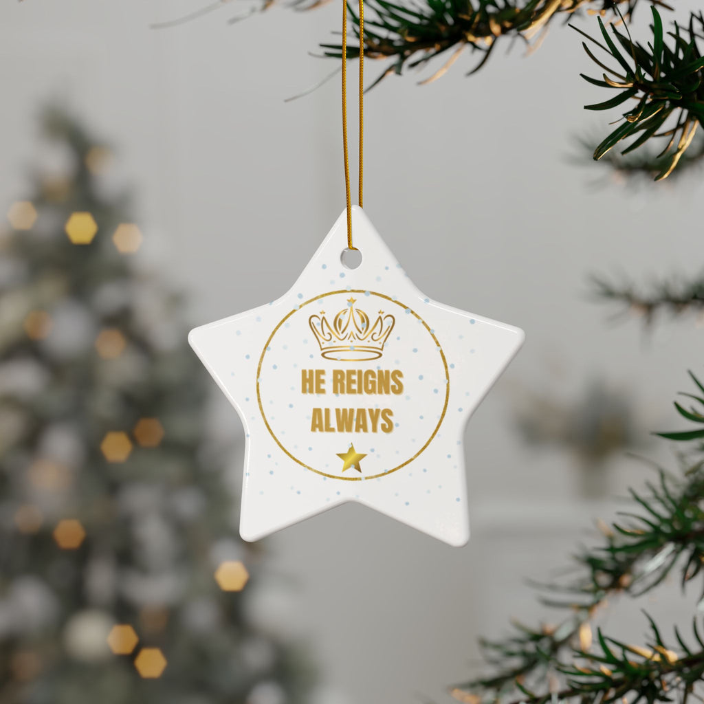 Ceramic Ornament — "He Reigns Always" Gold Crown Christmas Decoration