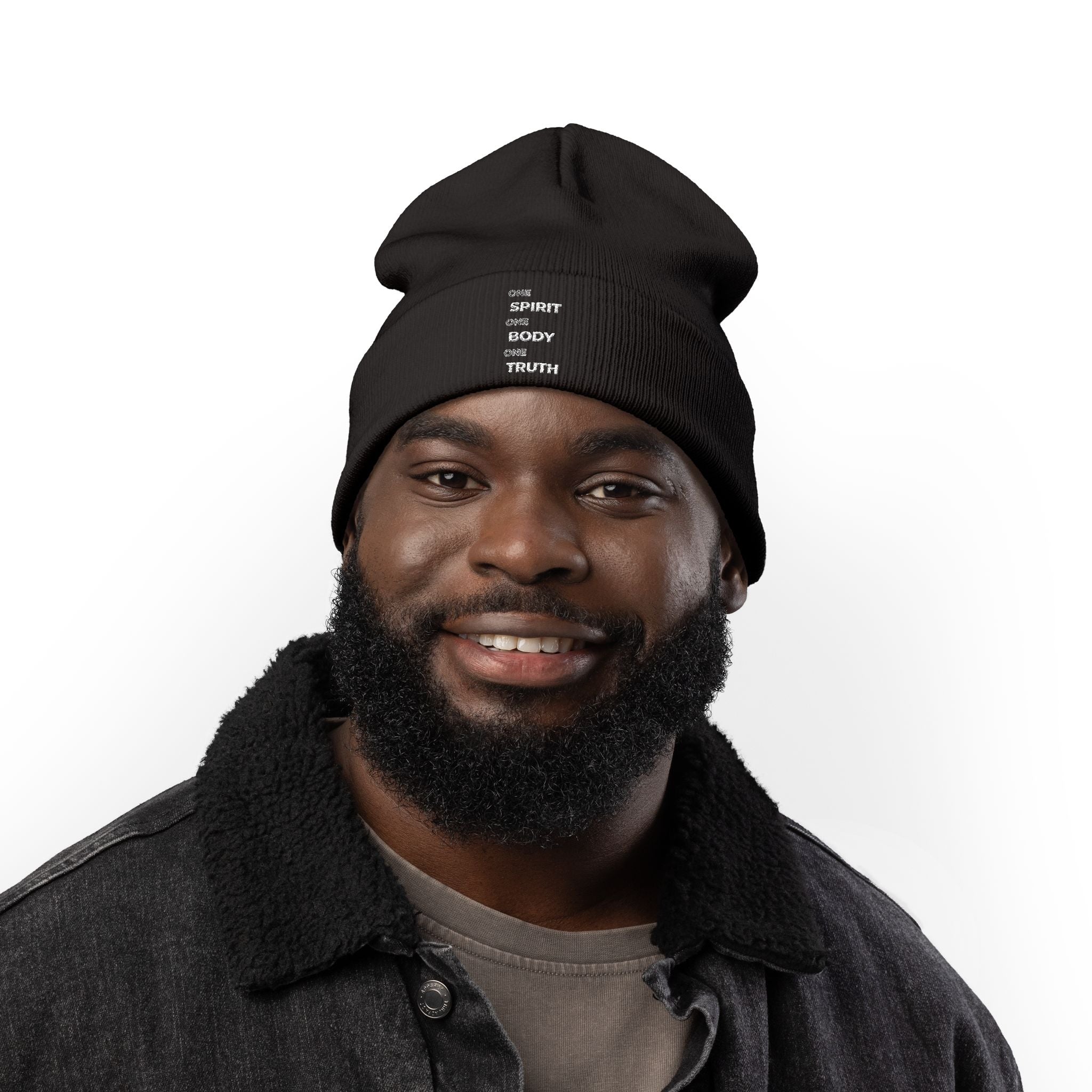 Embroidered 'Spirit Body Truth' Knit Beanie — Minimal Spiritual Winter Hat
