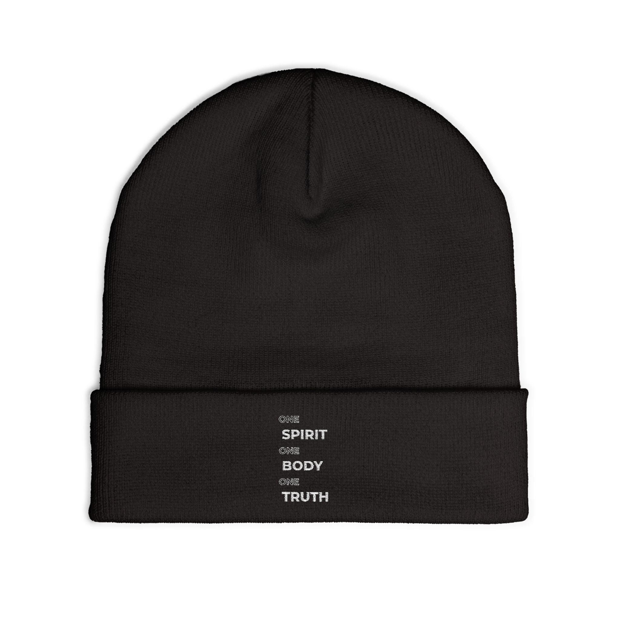 Embroidered 'Spirit Body Truth' Knit Beanie — Minimal Spiritual Winter Hat